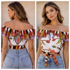 Cleobella Top White Tropical Floral Bird Print Off Shoulder Ruffle Crop Tie XS